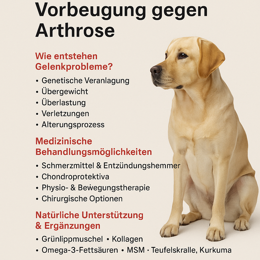 Infografik mit Labrador und Tipps zur Vorbeugung von Arthrose beim Hund: Ursachen, Behandlungen und natürliche Ergänzungen.
