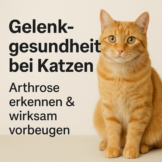 Orange Katze vor hellem Hintergrund mit Text „Gelenkgesundheit bei Katzen – Arthrose erkennen & vorbeugen