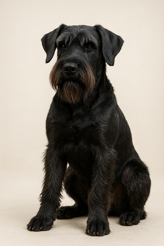 Ein imposanter Riesenschnauzer mit schwarzem, glänzendem Fell sitzt aufrecht vor hellem Hintergrund. Typisch sind sein buschiger Bart, die markanten Augenbrauen und sein kräftiger, muskulöser Körperbau