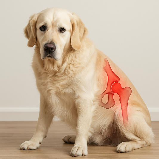 Golden Retriever sitzt auf hellem Holzboden; über seiner Hüfte ist eine rote, halbtransparente Illustration des Hüftgelenks mit Anzeichen einer Dysplasie eingeblendet.