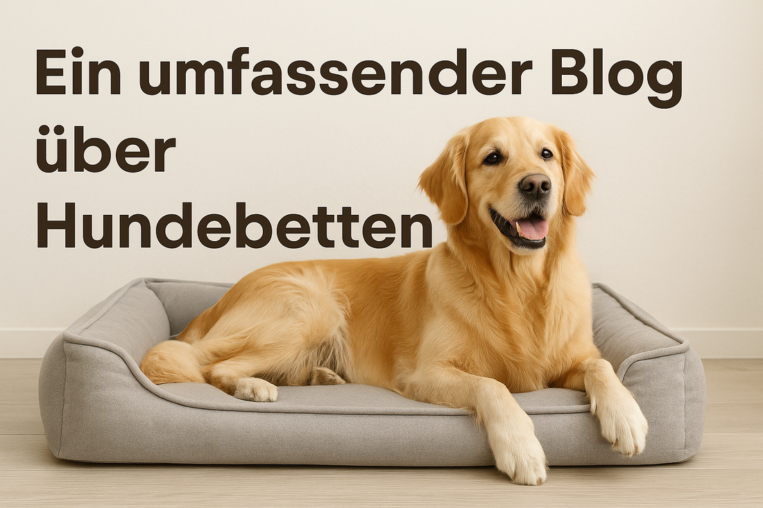 „Ein glücklicher Golden Retriever liegt entspannt in einem grauen Hundebett mit erhöhtem Rand. Links oben im Bild steht der Text: ‚Ein umfassender Blog über Hundebetten‘.