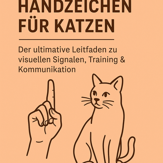 Illustration einer Katze, die aufmerksam auf eine Hand mit erhobenem Zeigefinger blickt – symbolisch für das Erlernen von Handzeichen im Katzentraining. Minimalistisches, lehrreiches Design mit warmer Farbgebung und klarer Typografie.