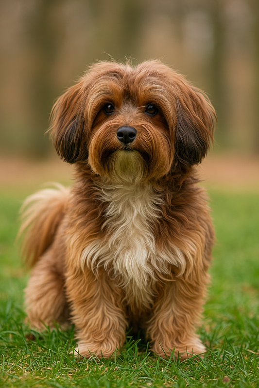 Havaneser Hund mit langem, braun-weißen Fell sitzt auf grüner Wiese und blickt aufmerksam in die Kamera.