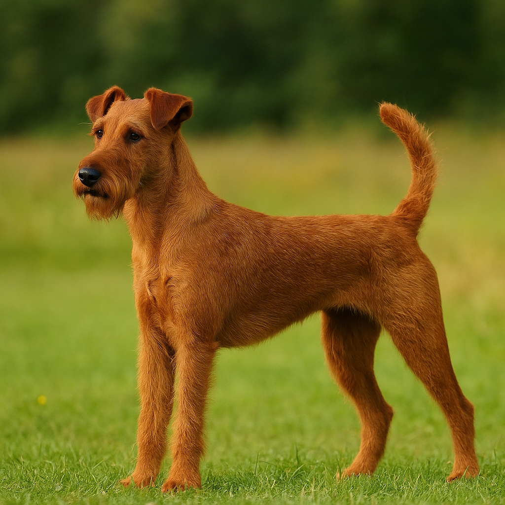 Ein Irish Terrier mit drahtigem, rötlich-braunem Fell steht aufmerksam in einer grünen Wiese, der Hintergrund ist leicht verschwommen mit Bäumen und Wildblumen.