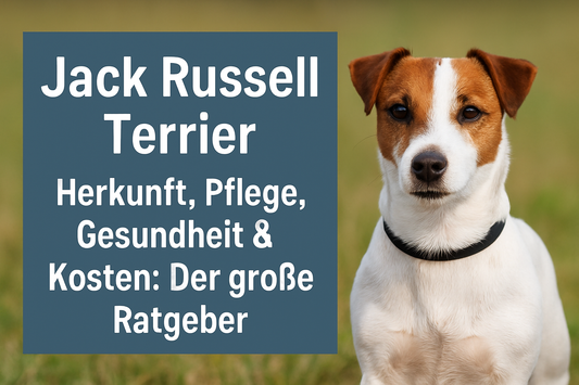 Jack Russell Terrier mit weiß-braunem Fell sitzt auf einer Wiese; links Text: „Jack Russell Terrier – Herkunft, Pflege, Gesundheit & Kosten: Der große Ratgeber