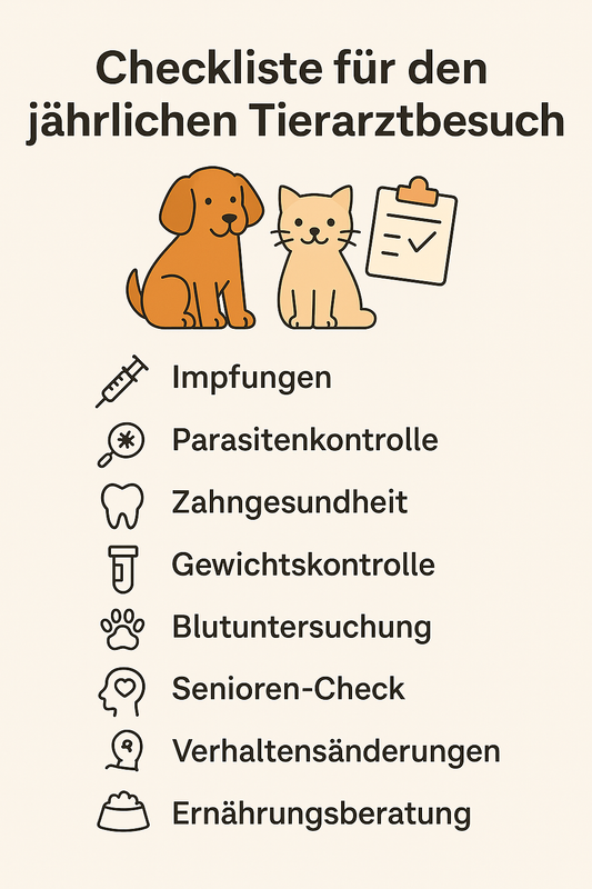 Illustration von Hund und Katze mit Checkliste zu Impfungen, Parasiten, Zähnen, Gewicht, Blut, Senioren-Check, Verhalten und Ernährung.