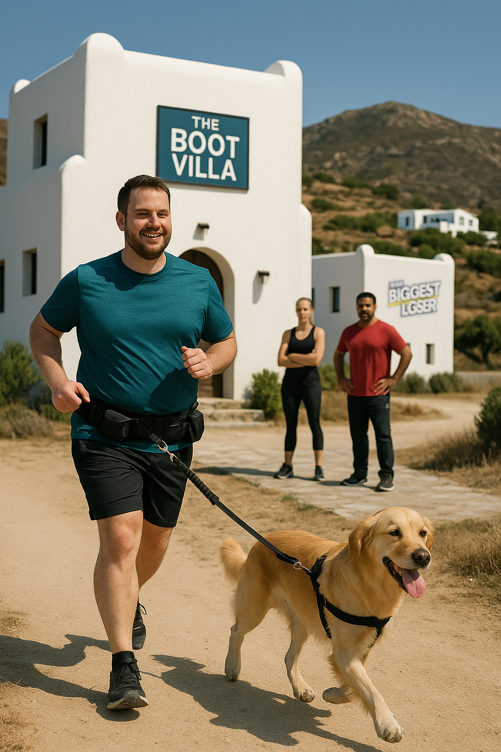 Mann joggt mit goldenem Retriever an einer Jogging Leine mit Bauchgurt auf Naxos, vorbei an der Boot Villa, im Hintergrund das Biggest Loser Camp sowie unscharf die Trainer Ramin Abtin und Christine Theiss.