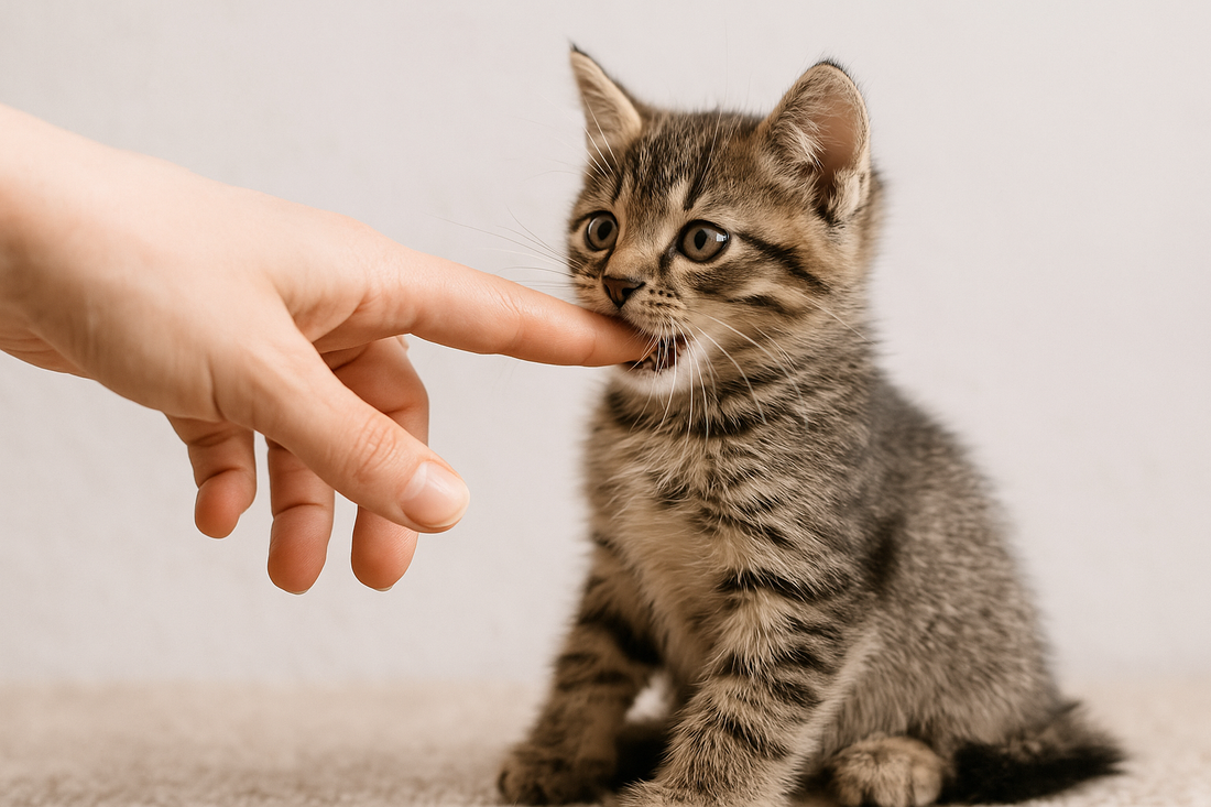 Ein junges getigertes Kätzchen schnuppert neugierig an einem ausgestreckten Finger. Die Szene zeigt ein sanftes Interaktionsmoment während der Sozialisierung – warmes Licht, ruhige Atmosphäre, Vertrauen zwischen Mensch und Tier.