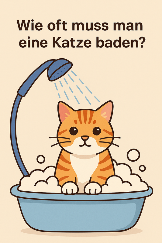 Illustration einer Katze in einer Badewanne mit Schaum und Duschkopf, Text „Wie oft muss man eine Katze baden?“ darüber.