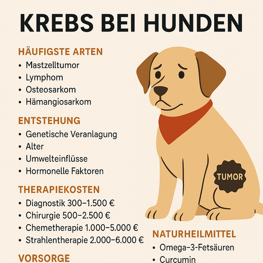 Infografik „Krebs bei Hunden“ mit Illustration eines traurigen Hundes und kurzen Stichpunkten zu häufigen Krebsarten, Ursachen, Behandlungskosten und Vorsorge.