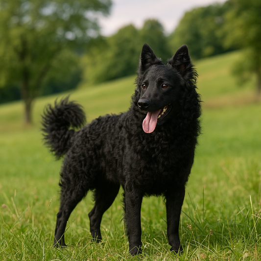 Kroatischer Schäferhund mit glänzend schwarzem, lockigem Fell steht aufmerksam auf einer grünen Wiese, im Hintergrund Bäume und sanfte Hügel.