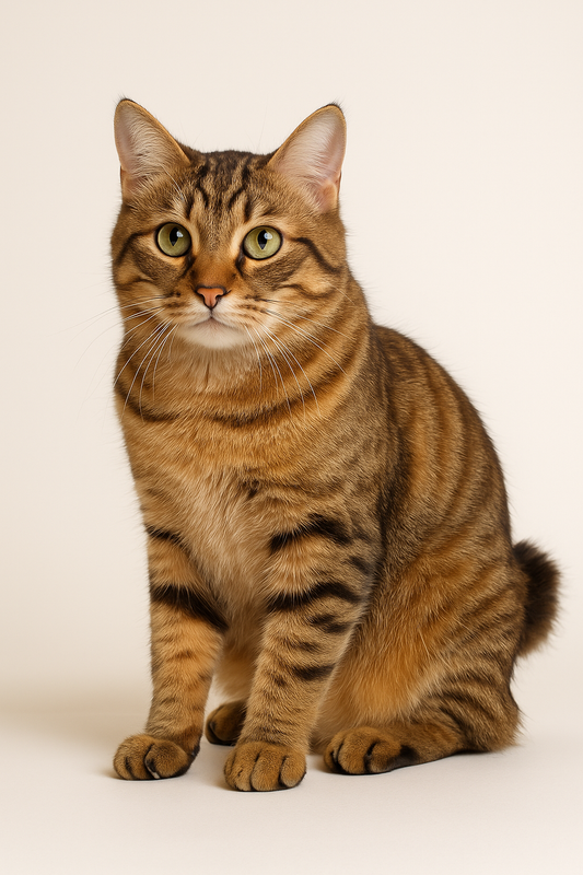 Kurilian Bobtail Katze mit kräftigem Körperbau, kurzem Stummelschwanz, braun-grauem getigertem Fell und auffälligen grünen Augen vor hellem Hintergrund.