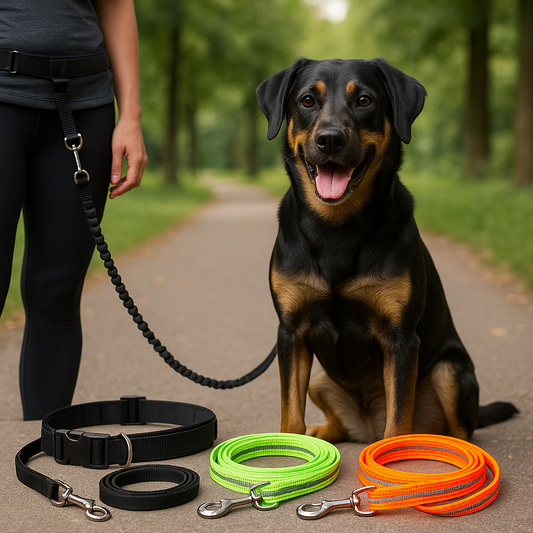 Hund im Park mit Jogging-Leine am Bauchgurt und bunten Leuchtleinen in Neon-Grün und Orange.