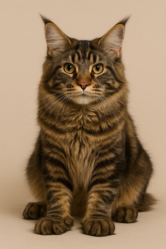 Maine Coon Polydactyl mit gestreiftem Fell und extra Zehen sitzt vor hellem Hintergrund und blickt aufmerksam in die Kamera.