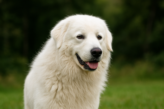 Ein Maremmen-Abruzzen-Schäferhund mit dichtem, weißem Fell steht auf einer grünen Wiese. Der Hund blickt aufmerksam nach vorn, wirkt freundlich und wachsam. Im Hintergrund ist leicht verschwommenes, natürliches Grün zu sehen.