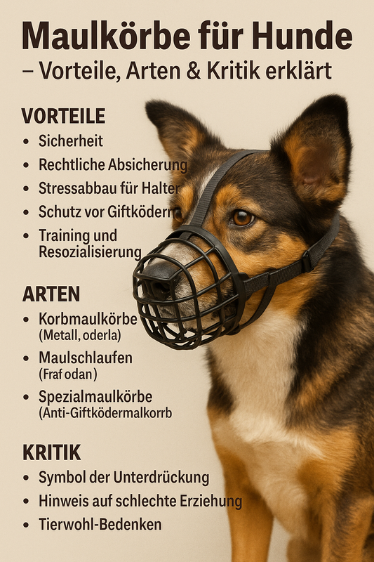 Ein Hund mit schwarzem Korbmaulkorb sitzt seitlich im Bild, daneben sind in deutscher Sprache die Vorteile, Arten und Kritikpunkte von Maulkörben als Infografik aufgelistet.