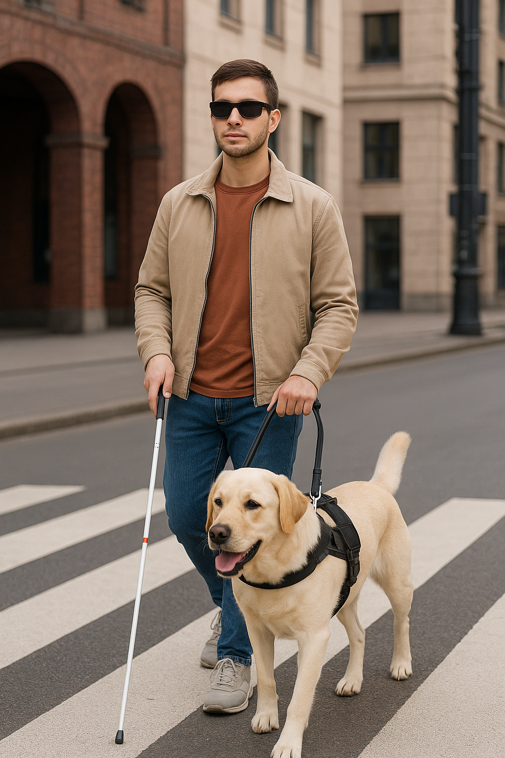 Blinder junger Mann mit Labrador-Blindenhund überquert einen Zebrastreifen.