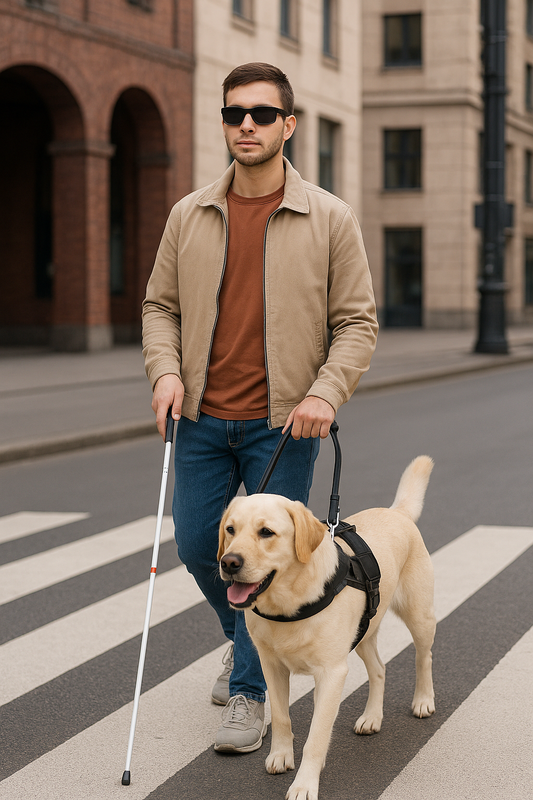 Blinder junger Mann mit Labrador-Blindenhund überquert einen Zebrastreifen.
