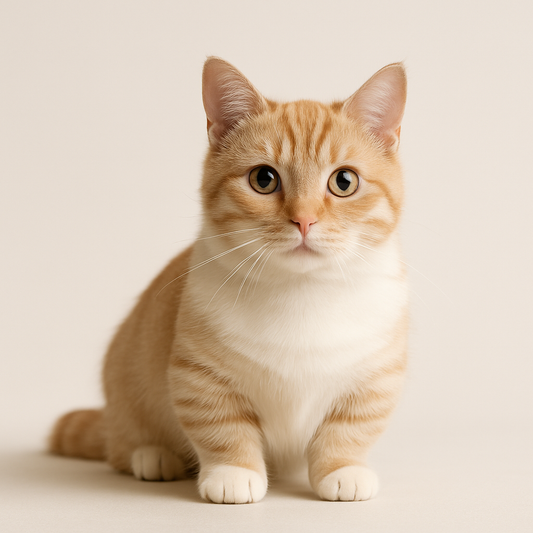 Munchkin Katze mit kurzen Beinen und orange-weißem Fell sitzt auf hellem Hintergrund und blickt neugierig in die Kamera.