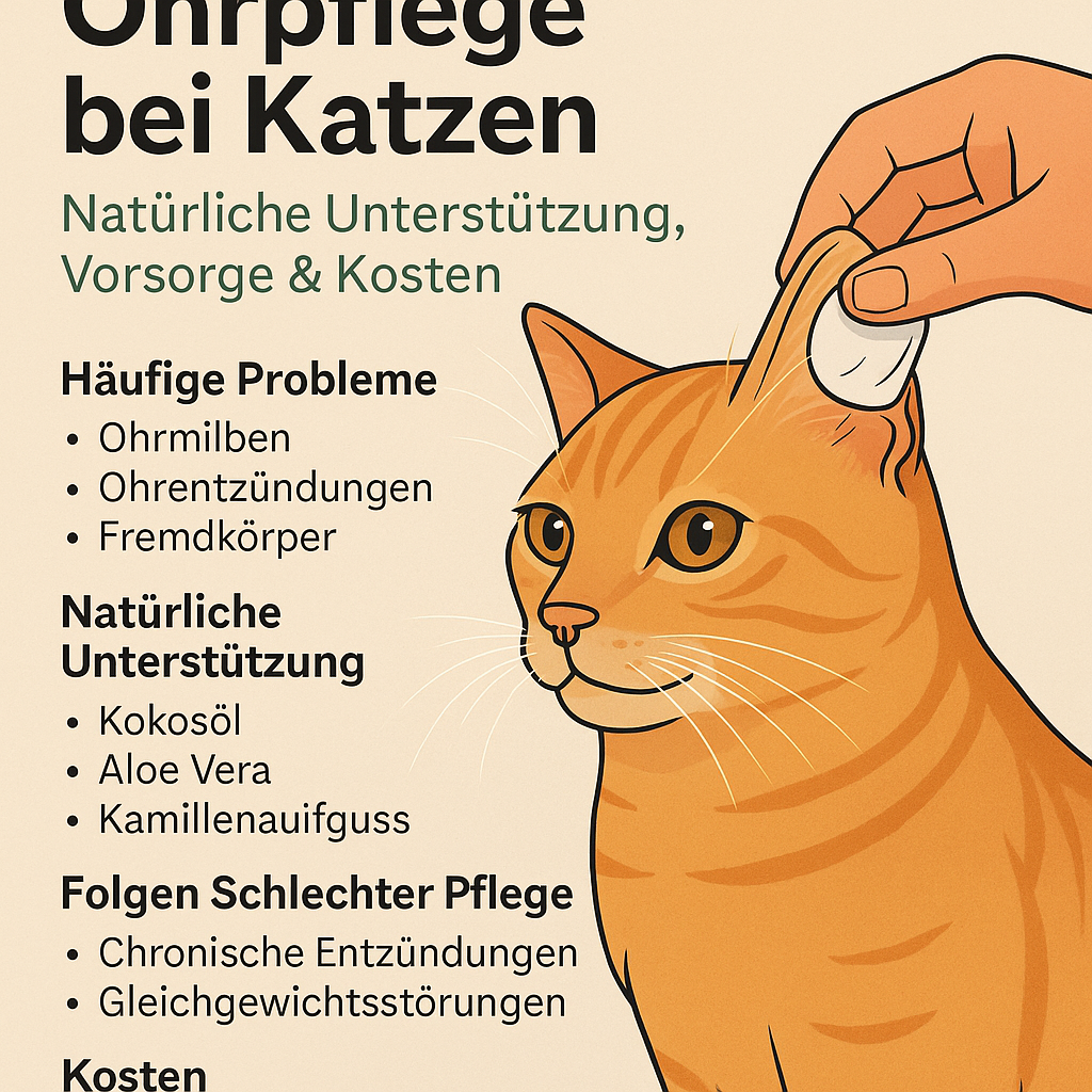 Illustration einer orangefarbenen Katze, der sanft das Ohr mit einem Wattepad gereinigt wird. Infografik zur Ohrpflege bei Katzen.