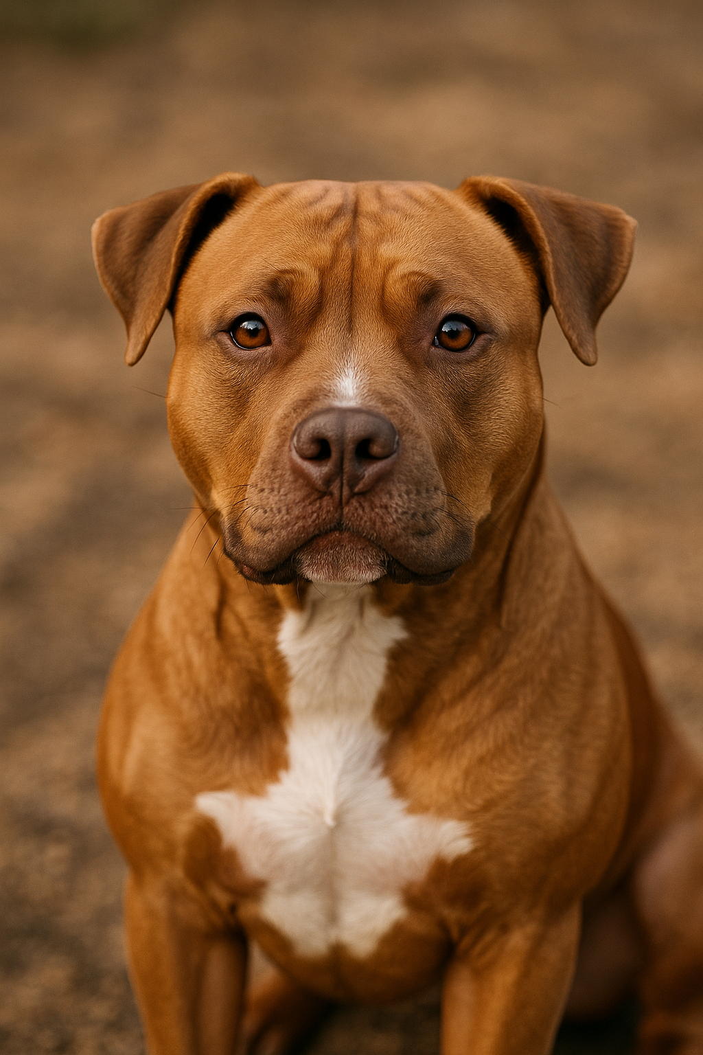 Porträt eines muskulösen Pitbulls mit rötlich-braunem Fell und weißem Brustfleck. Der Hund sitzt aufmerksam im Freien, schaut direkt in die Kamera und wirkt ruhig und konzentriert.