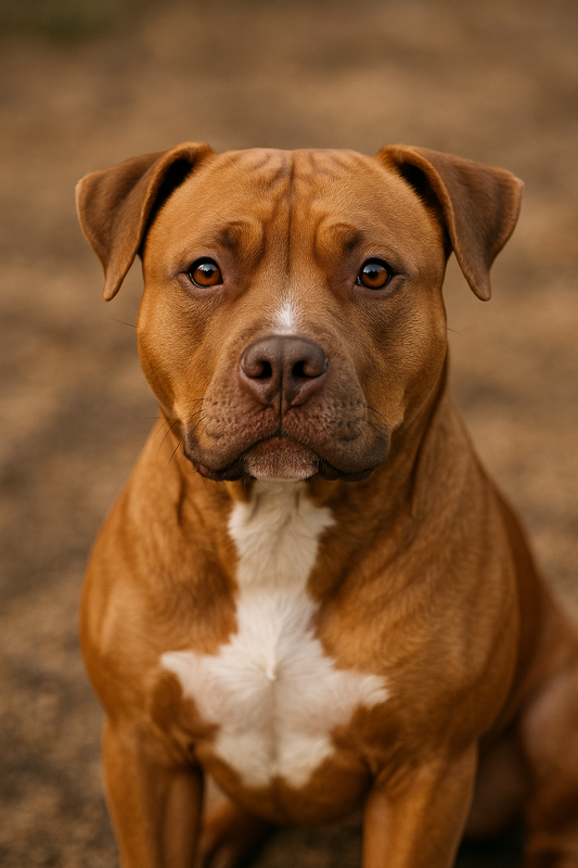 Porträt eines muskulösen Pitbulls mit rötlich-braunem Fell und weißem Brustfleck. Der Hund sitzt aufmerksam im Freien, schaut direkt in die Kamera und wirkt ruhig und konzentriert.