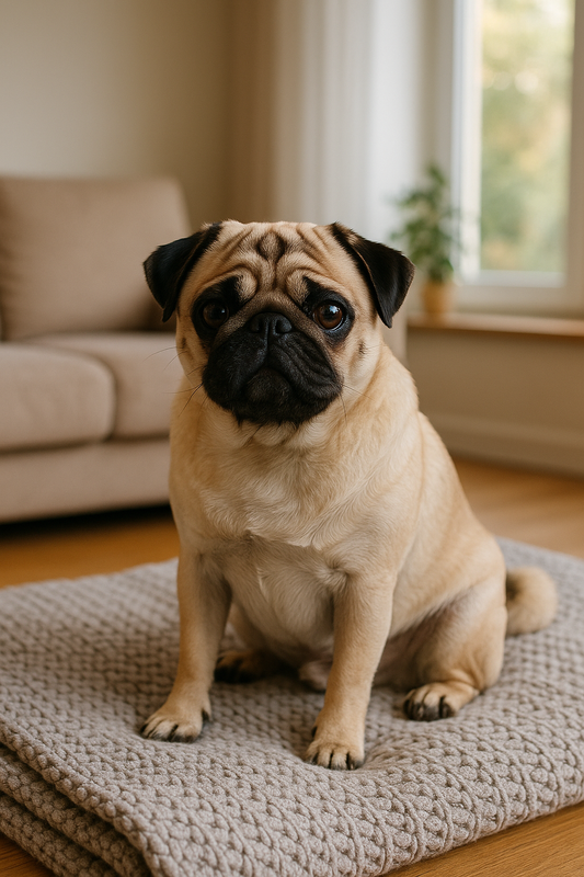 Ein beigefarbener Mops sitzt auf einer hellgrauen Decke in einem gemütlichen Wohnzimmer mit Sofa und Fenster im Hintergrund. Natürliches Licht fällt auf den Hund, der aufmerksam in die Kamera blickt.