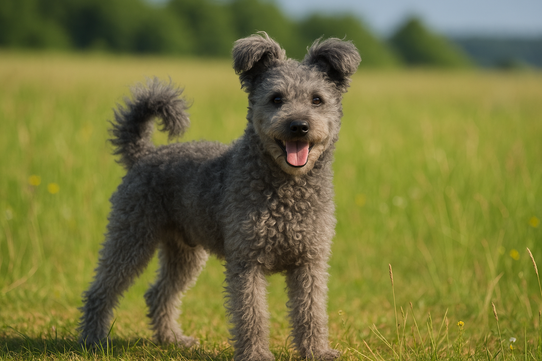 Ein fröhlicher grauer Pumi steht auf einer grünen ungarischen Wiese. Der Hund hat lockiges Fell, aufgerichtete Ohren und blickt aufmerksam mit leicht geöffnetem Maul in die Kamera.