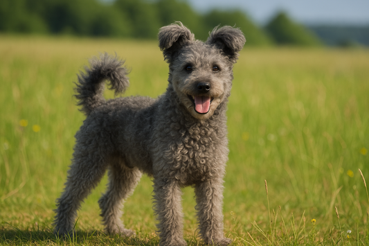 Ein fröhlicher grauer Pumi steht auf einer grünen ungarischen Wiese. Der Hund hat lockiges Fell, aufgerichtete Ohren und blickt aufmerksam mit leicht geöffnetem Maul in die Kamera.