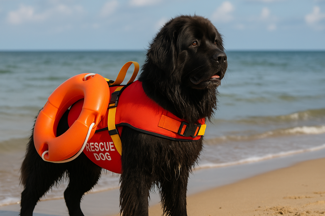 Schwarzer Neufundländer mit roter Rettungsweste und orangefarbener Boje steht am Strand vor ruhigem Meer und blauem Himmel.