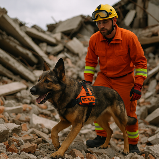 Ein Deutscher Schäferhund mit orangefarbener „Rescue Dog“-Weste durchsucht aufmerksam ein Trümmerfeld, während sein Hundeführer in oranger Schutzkleidung und gelbem Helm dicht hinter ihm arbeitet.
