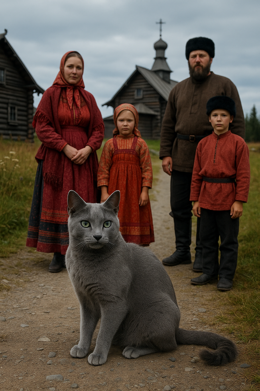 Eine Russisch Blau Katze mit silbergrauem Fell und grünen Augen sitzt auf einem Dorfweg in Nordrussland, im Hintergrund eine traditionelle russische Familie in Trachten vor Holzhäusern und einer orthodoxen Kirche.