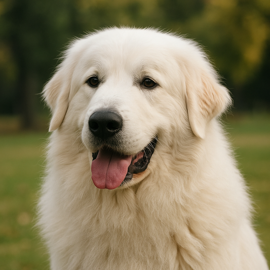 Ein imposanter Pyrenäenberghund mit dichtem, weißen Fell sitzt in einer grünen Wiesenlandschaft. Der Hund schaut freundlich in die Kamera, die Zunge leicht herausgestreckt. Das natürliche Licht betont sein flauschiges Fell und seine sanften braunen Augen.
