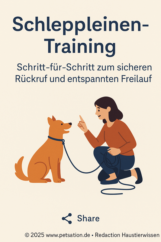 Illustration einer Frau, die mit einem Hund an einer Schleppleine trainiert. Sie kniet auf dem Boden, zeigt ein Signal mit dem Finger, während der Hund aufmerksam vor ihr sitzt. Der Hintergrund ist hell, mit klaren Linien und warmen Farben gestaltet.