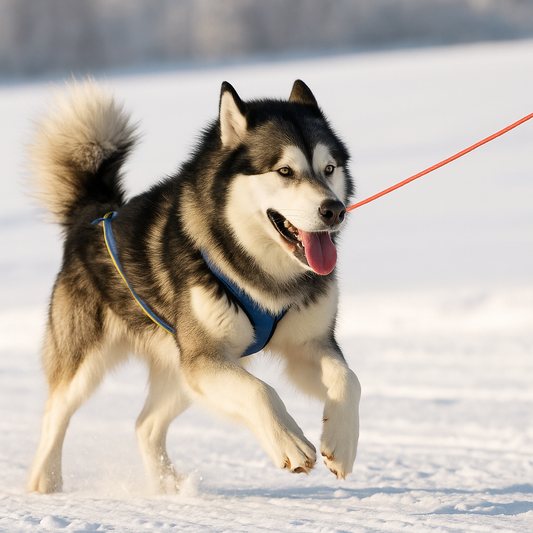 Alaskan Malamute läuft aktiv im Schnee und zieht an einer roten Leine, trägt ein blaues Zuggeschirr, dichtes schwarz-weißes Fell, aufrecht getragene buschige Rute, klarer blauer Winterhimmel im Hintergrund.