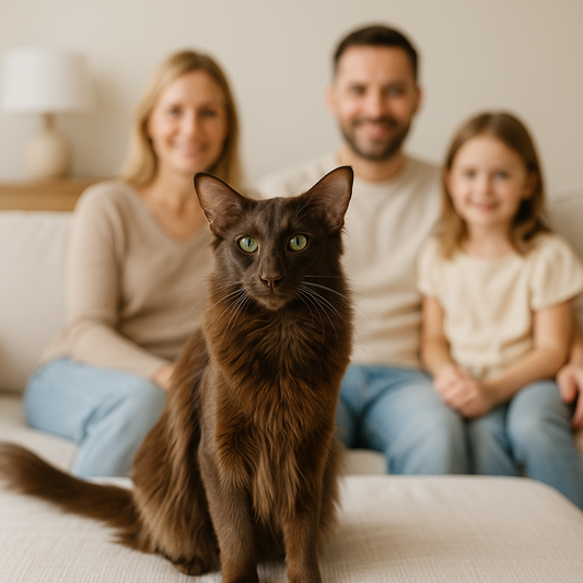 Oriental Longhair Katze mit glänzendem, schokoladenbraunem, mittellangem Fell sitzt auf einem hellen Sofa. Im Hintergrund eine lächelnde Familie mit Mutter, Vater und Tochter in einem modernen, freundlich beleuchteten Wohnzimmer.