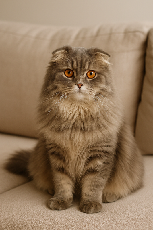 Scottish Fold Longhair Katze mit gefalteten Ohren und langem, flauschigem grau-cremefarbenem Fell sitzt auf einem hellen Sofa. Ihre bernsteinfarbenen Augen blicken aufmerksam in die Kamera, während das weiche Licht ihr seidiges Fell betont.