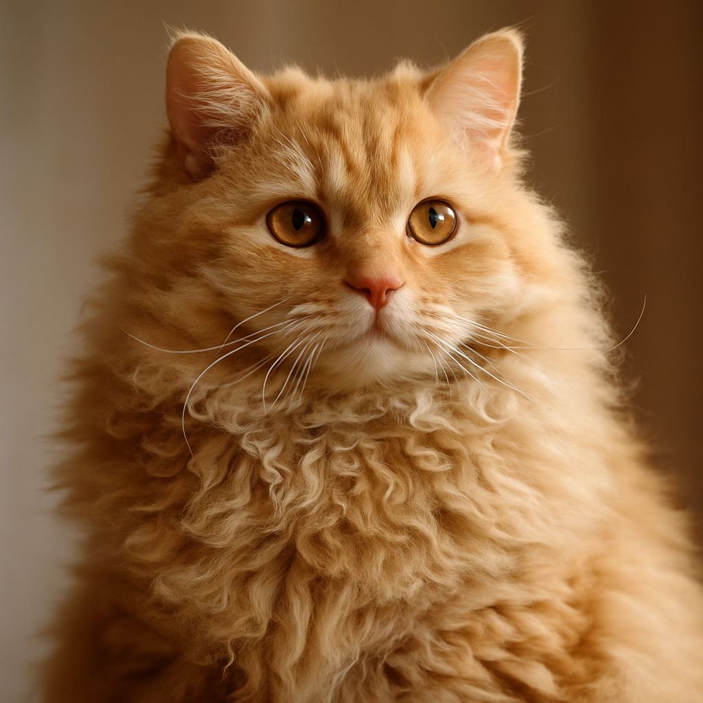 Selkirk Rex Longhair mit goldenem, gelocktem Fell und bernsteinfarbenen Augen vor warmem, weichem Hintergrund.