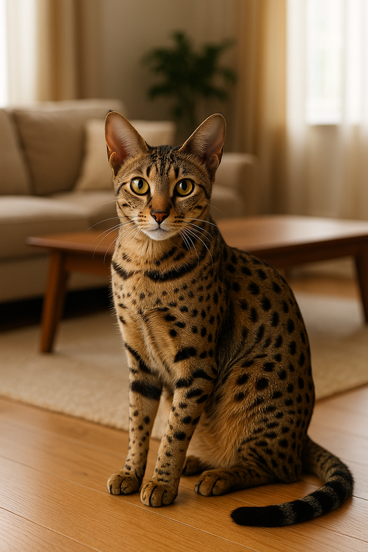 Eine fotorealistische Serengeti-Katze mit goldbraunem, getupftem Fell sitzt aufmerksam auf einem hellen Holzboden in einem modernen Wohnzimmer mit Pflanzen und Sonnenlicht im Hintergrund.