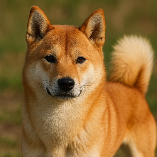 Ein Hokkaido Hund mit rotem Fell steht aufmerksam im Grünen. Seine mandelförmigen Augen, aufgerichteten Ohren und der buschige, nach oben gerollte Schwanz sind deutlich zu erkennen – ein typisches Merkmal dieser japanischen Rasse.