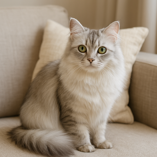 Eine elegante Burmilla Longhair Katze mit silbernem, seidigem Fell und leuchtend grünen Augen sitzt auf einem hellen Sofa in einem modernen Wohnzimmer. Sie blickt aufmerksam in die Kamera, während ihr weiches Fell im sanften Sonnenlicht glänzt.