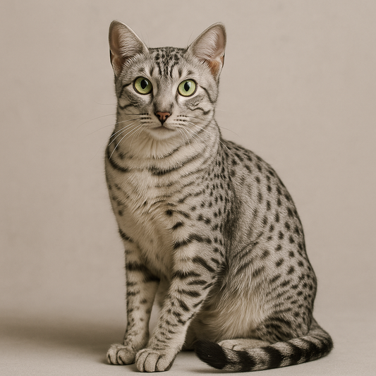 Eine elegante Egyptian Mau Katze mit silbernem Fell und schwarzen Tupfen sitzt aufmerksam vor einem hellen Hintergrund. Ihre grünen, mandelförmigen Augen blicken direkt in die Kamera.