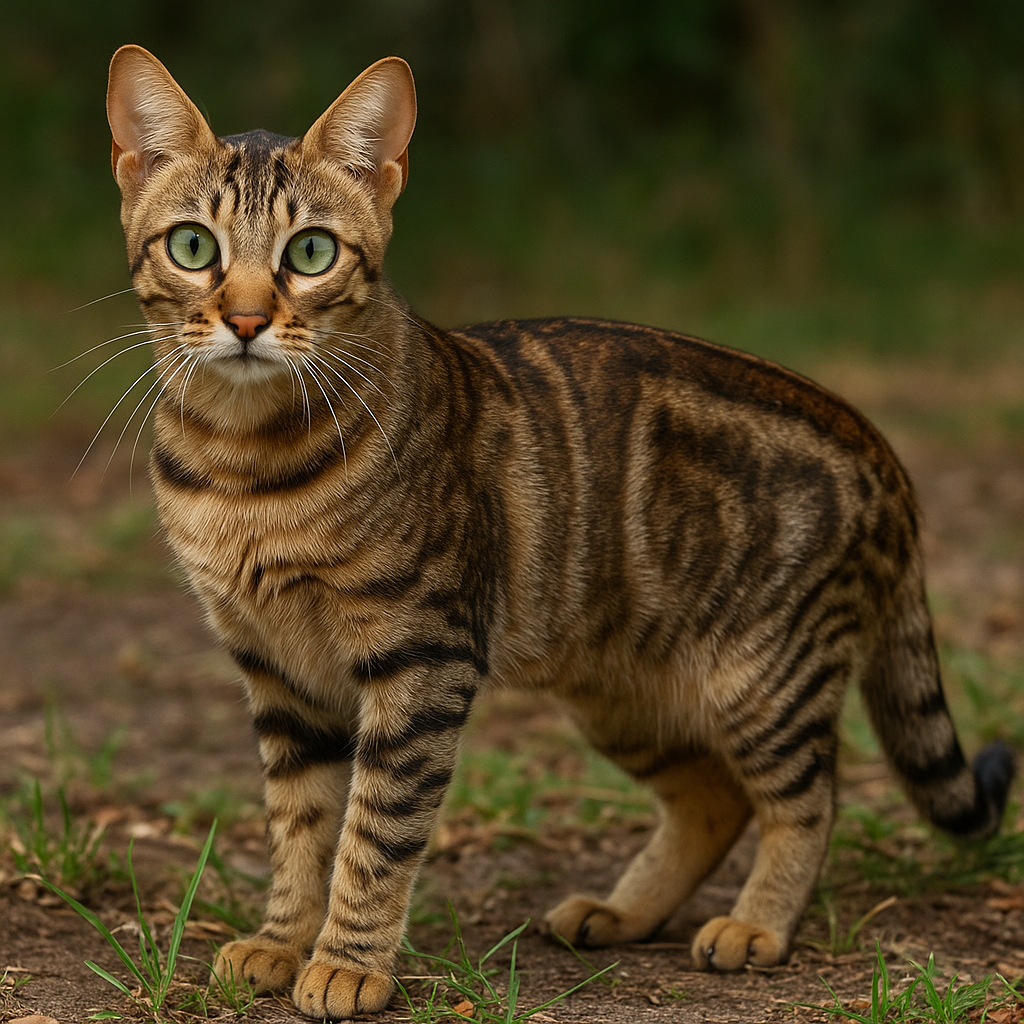 Sokoke Katze mit braun-getigertem, kurzhaarigem Fell steht im Grünen und blickt mit goldgrünen Augen in die Kamera. Die Katze wirkt wachsam und elegant, der Hintergrund ist natürlich und leicht verschwommen.