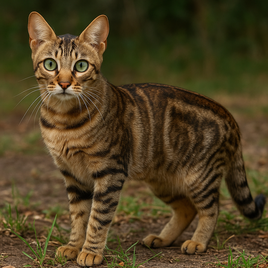 Sokoke Katze mit braun-getigertem, kurzhaarigem Fell steht im Grünen und blickt mit goldgrünen Augen in die Kamera. Die Katze wirkt wachsam und elegant, der Hintergrund ist natürlich und leicht verschwommen.