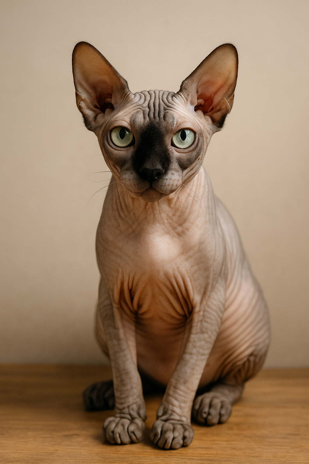 Sphynx Katze mit großen Ohren und faltiger Haut sitzt aufmerksam auf einem Holztisch vor neutralem Hintergrund.