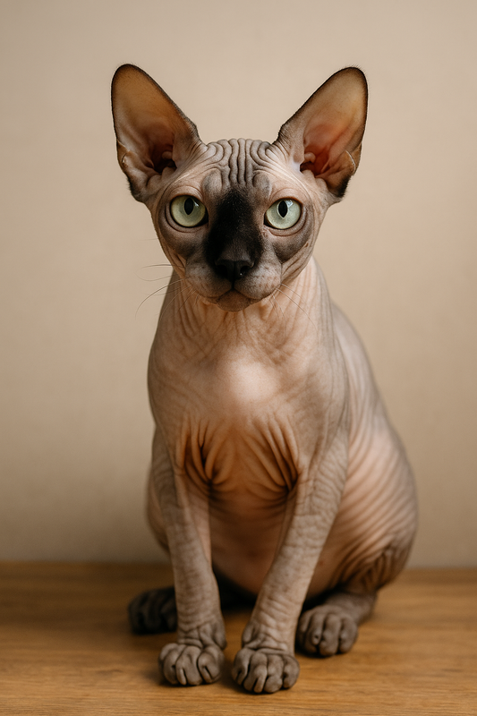Sphynx Katze mit großen Ohren und faltiger Haut sitzt aufmerksam auf einem Holztisch vor neutralem Hintergrund.