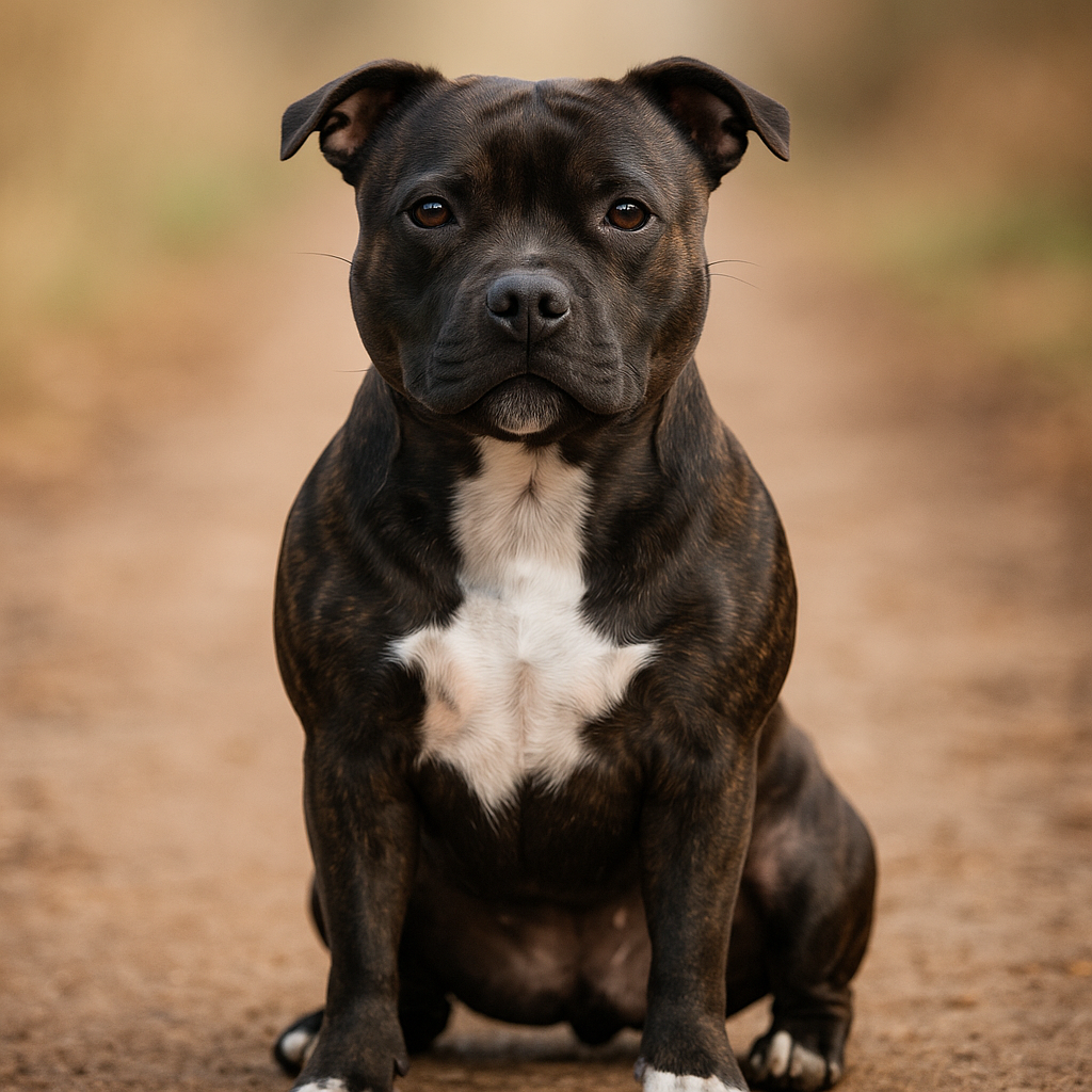 Ein Staffordshire Bullterrier mit dunklem, gestromtem Fell und weißer Brust sitzt aufmerksam auf einem sandigen Weg. Der Hund wirkt muskulös und wachsam, der Hintergrund ist weich und unscharf.