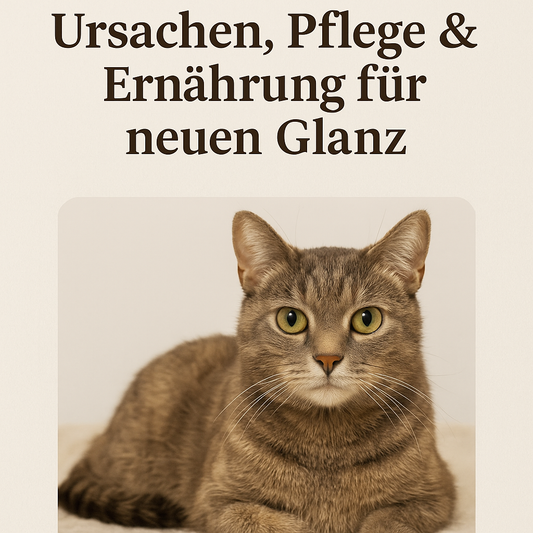 Eine hellbraun-graue Katze mit weichem, glänzendem Fell liegt entspannt auf einer hellen Decke. Im Hintergrund fällt warmes Licht durch ein Fenster und verleiht dem Fell einen seidigen Glanz – Symbol für gesunde Katzenpflege und richtige Ernährung.