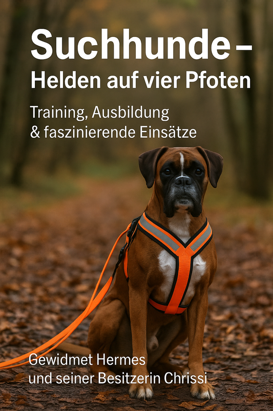 Boxer-Suchhund Hermes sitzt mit orangefarbener reflektierender Suchhund-Weste im herbstlichen Wald und blickt aufmerksam in die Kamera – Symbol für Training und Rettungseinsätze.