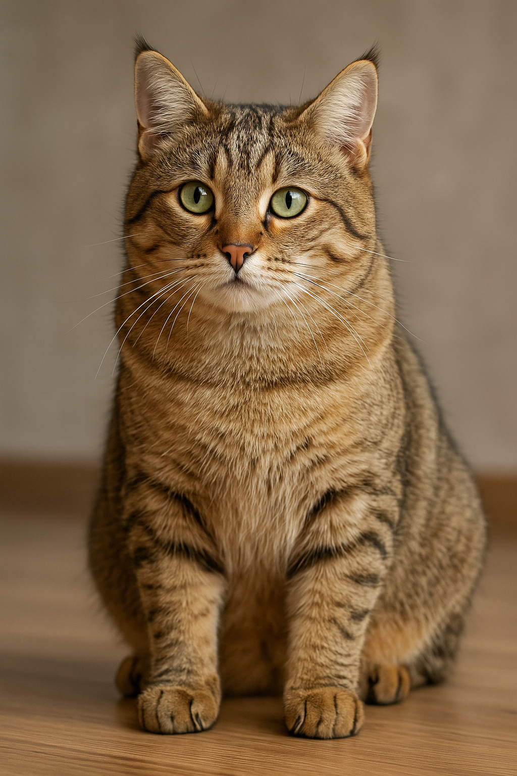 Pixiebob Katze mit getupftem Fell und kurzem Schwanz sitzt aufmerksam auf einem Holzfußboden und blickt neugierig in die Kamera.